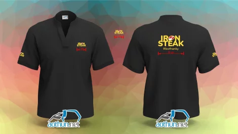 In áo thun đồng phục cổ tàu đen cho quán ăn Iron Steak tại Quận 10